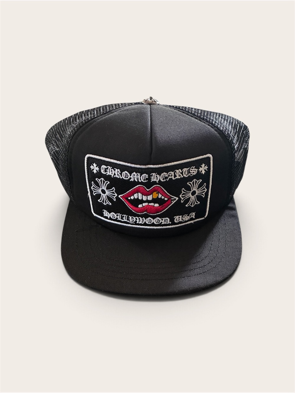 CH Black Trucker Hat with Red Lip Patch and White Embroidery